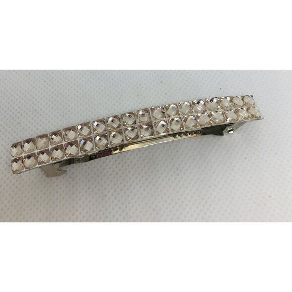 Vintage Silvertone and Rhinestone 2 Row Barrette Hair Accessory 3 1/8" - Picture 2 of 7
